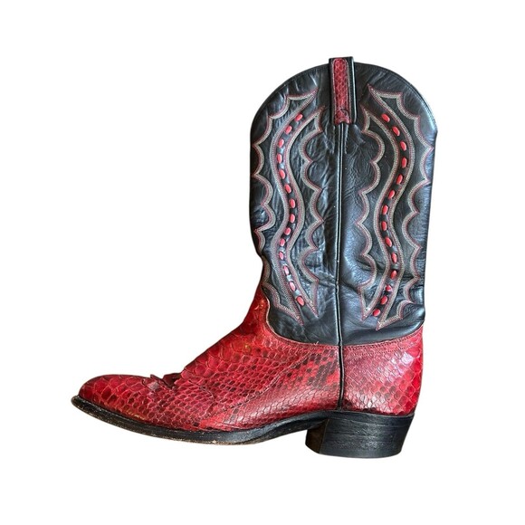 VTG J. Chisholm Western Cowboy Boots Red & Black Snakeskin Mens 9.5D USA 43535 - Picture 14 of 16